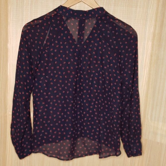 Maurices Womens Navy Red Semi Sheer Faux Wrap Floral Blouse Small - Picture 2 of 7